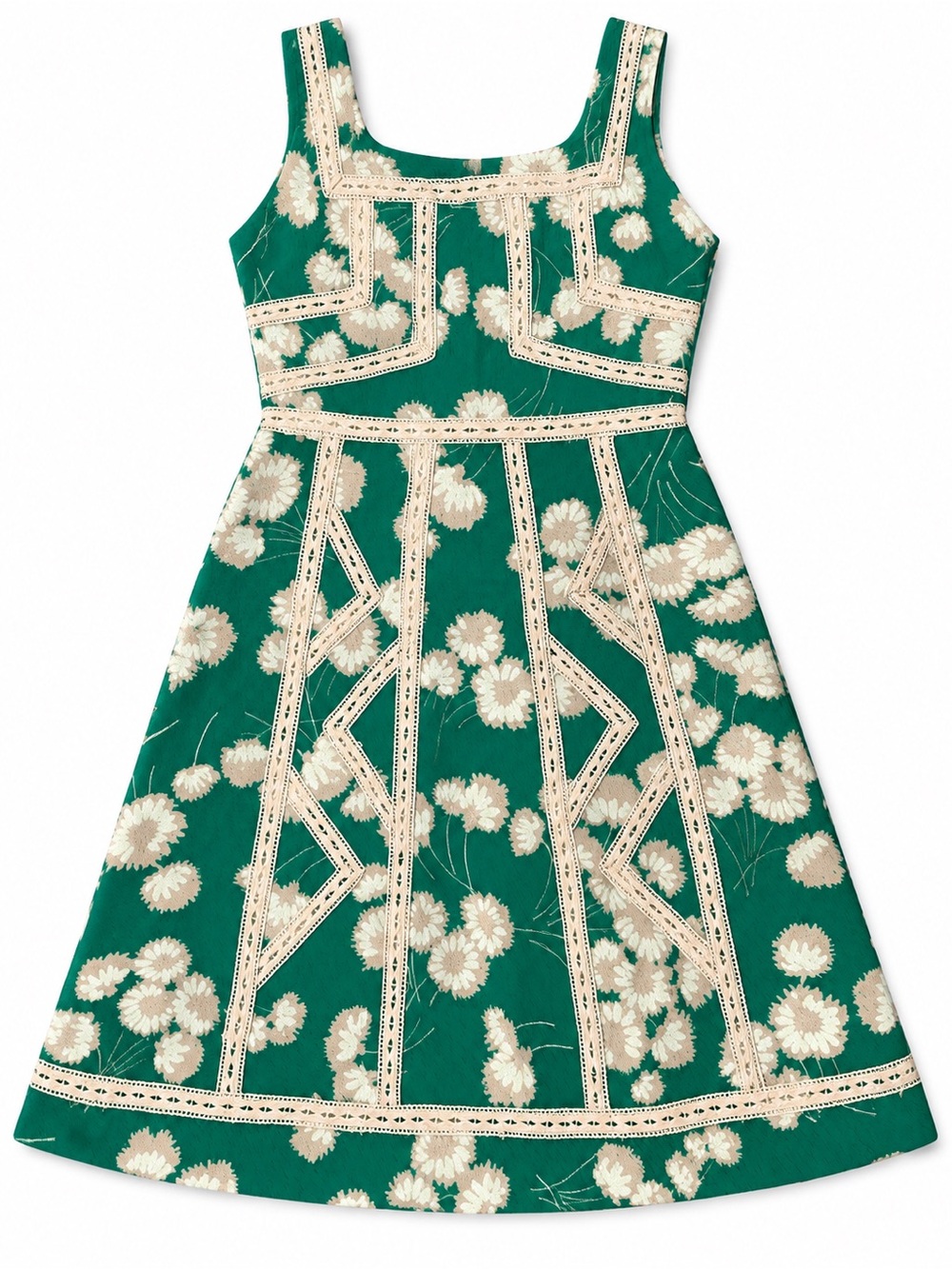 Maeve Anthropologie Green Floral Lace Trim Fit & Flare Dress Size 2